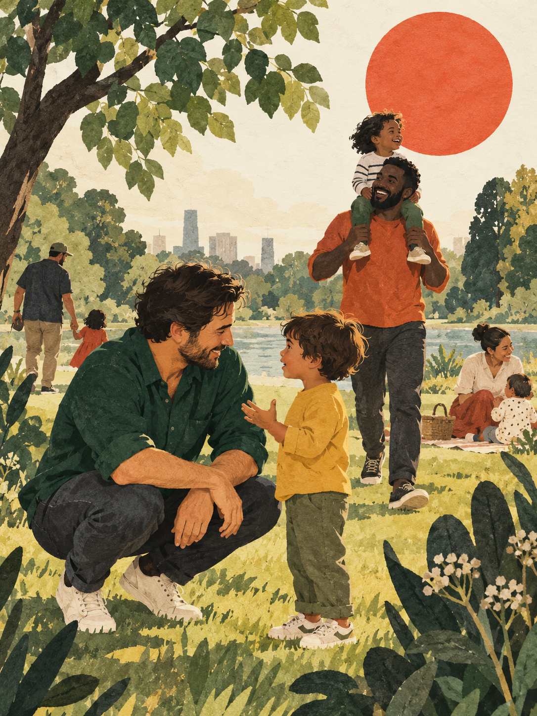 Warm, painted illustration of a dad listening to his child and another carrying a child on his shoulders in a sunny park.